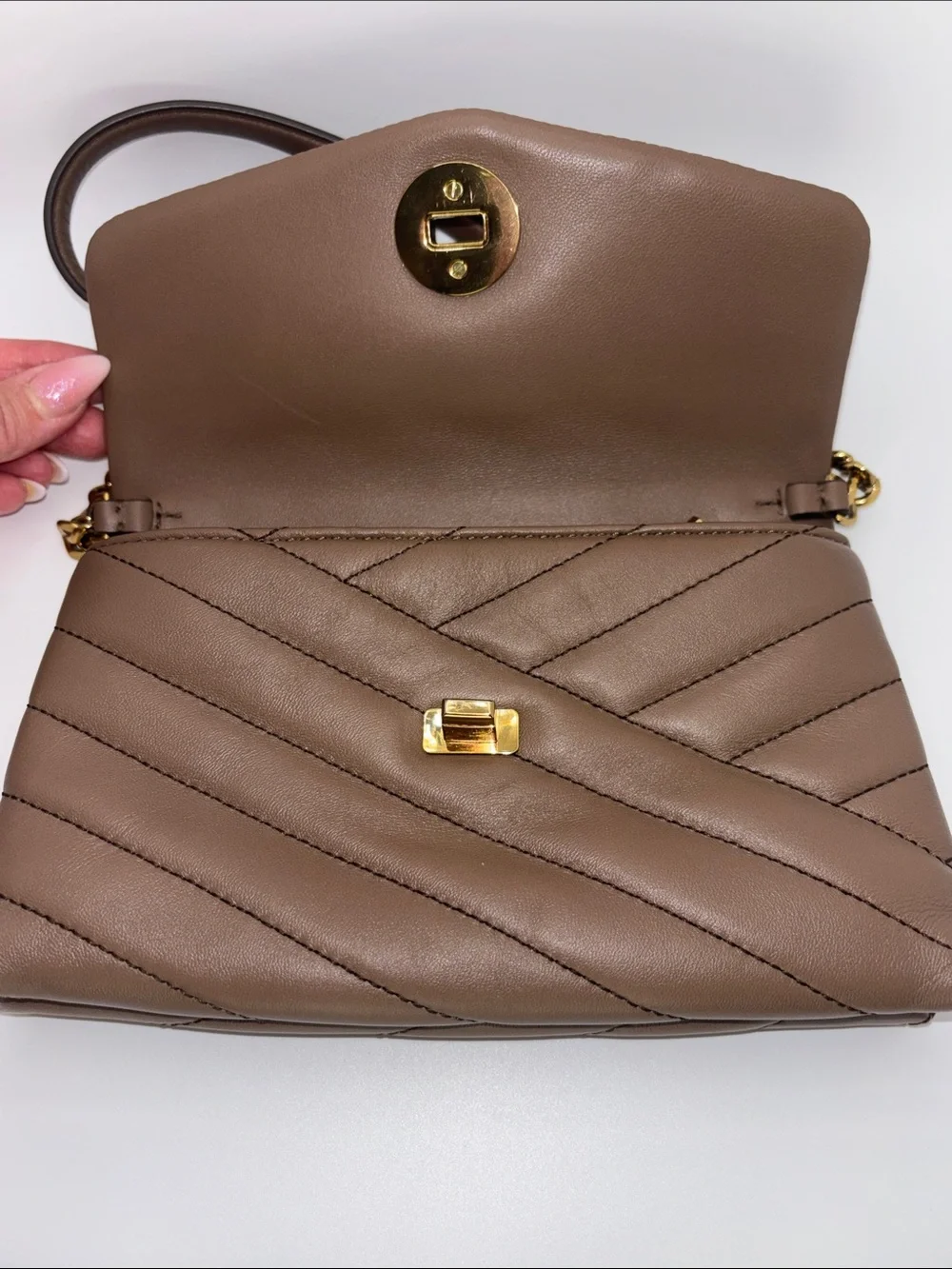 Tory Burch Taupe Chevron Quilted Chain Crossbody